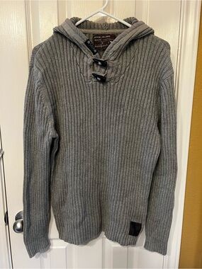 River Island Men’s M 100% Cotton Ribbed Knit Toggle Hooded Sweater Heather Grey
